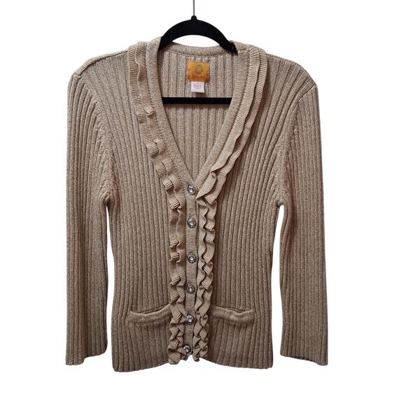 Ruby Rd Gold Metallic Women Ribbed Cadigan Sweater V-Neck Ruffles Button Up SZ-L - Picture 1 of 12